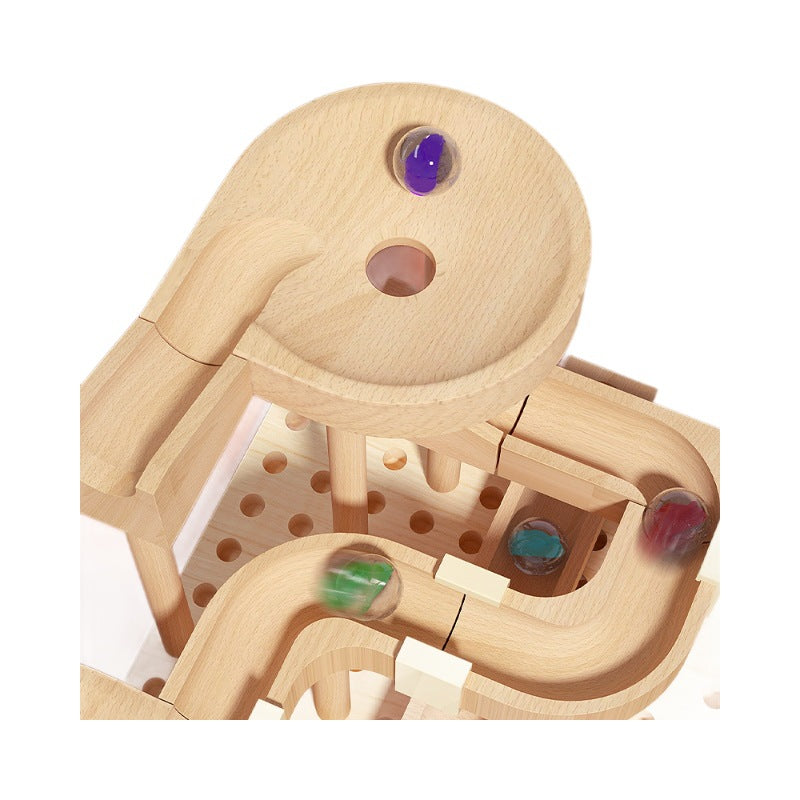 Montessori wooden marble run toy with marbles on a natural wood track, eco-friendly design
