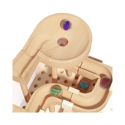 Montessori wooden marble run toy with marbles on a natural wood track, eco-friendly design