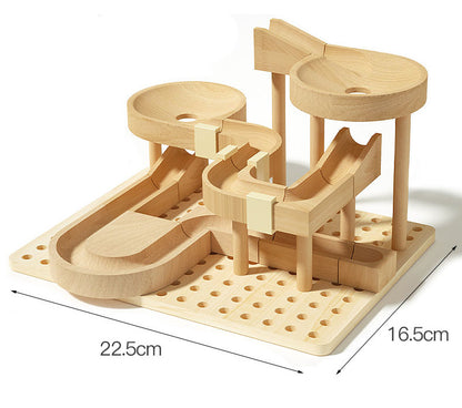 Montessori wooden marble run toy on a pegboard base, eco-friendly and handcrafted, 22.5x16.5cm.