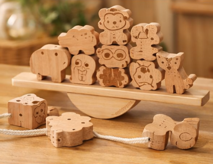Montessori wooden animal lacing beads toy set on a wooden table, eco-friendly and handcrafted.