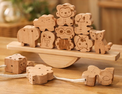 Montessori wooden animal lacing beads toy set on a wooden table, eco-friendly and handcrafted.