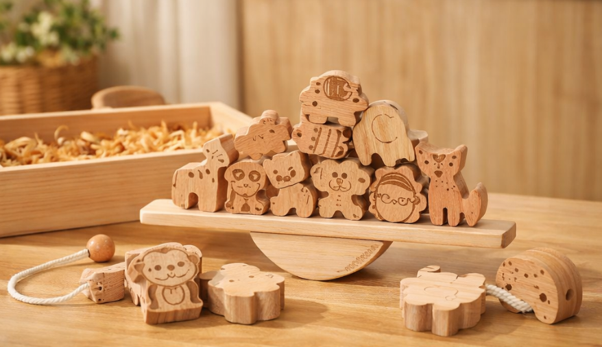 Montessori wooden animal lacing beads toy set with engraved animal shapes on a balance board