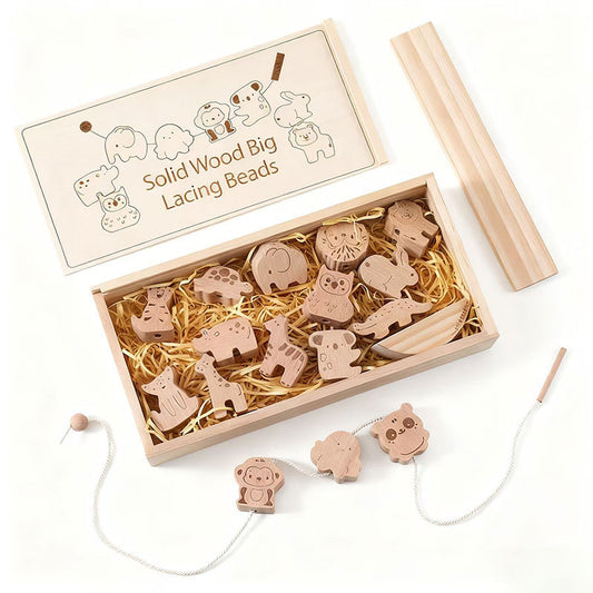 Montessori wooden animal lacing beads set in a box with strings, eco-friendly toy for kids