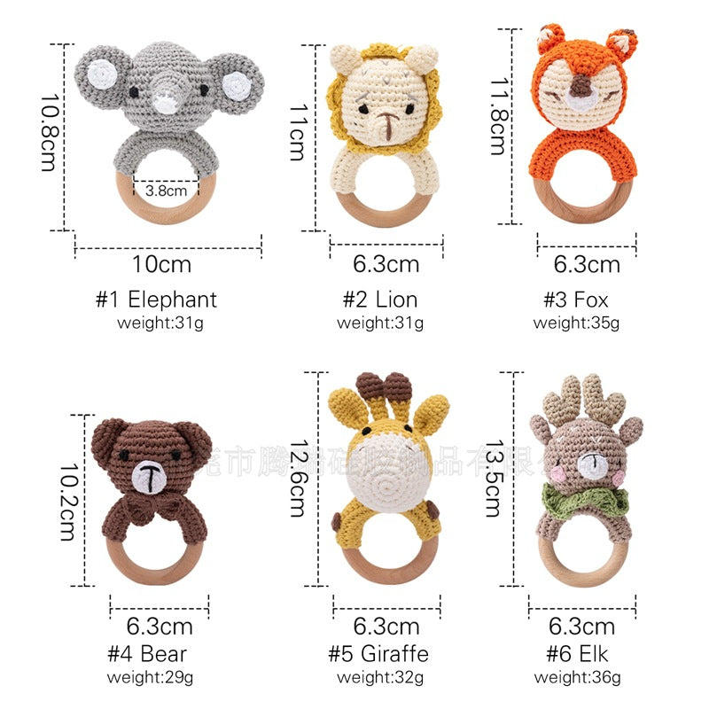 Set of six animal-themed baby rattles with measurements and weights.