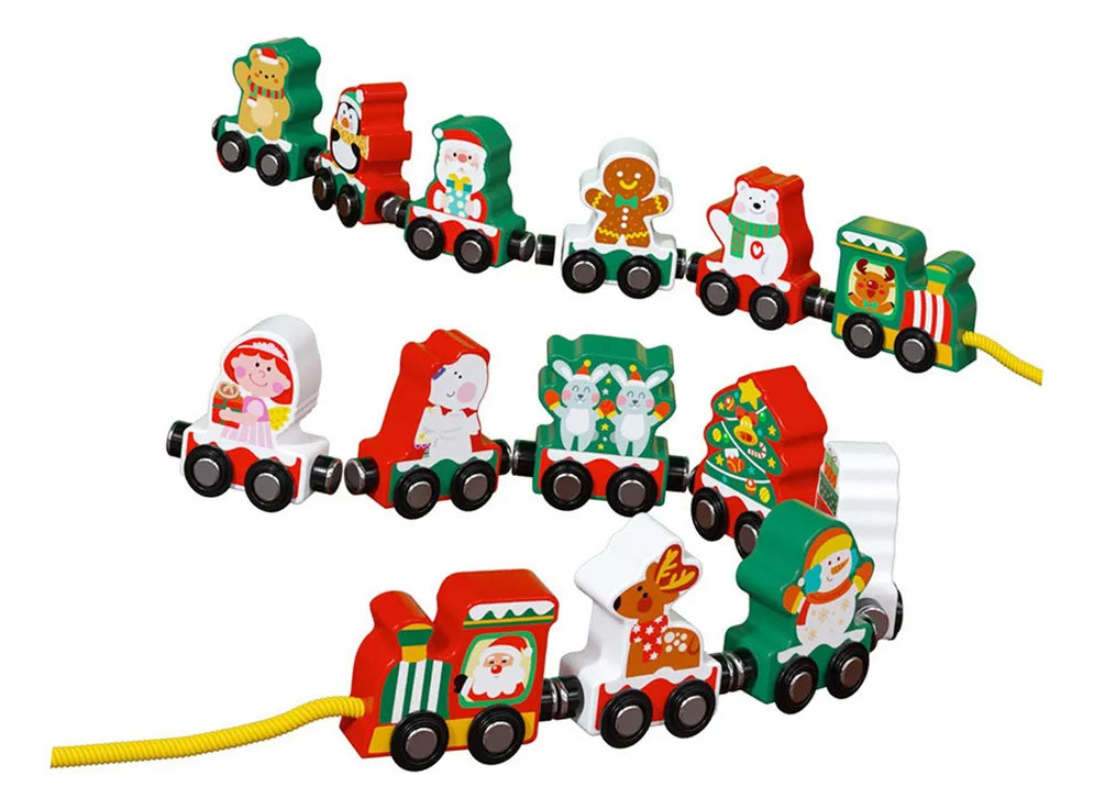 Wooden toy train set with colorful carriages on a white background