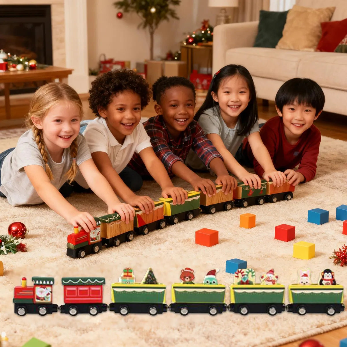 Children playing with a toy train set on a carpeted floor in a living room.