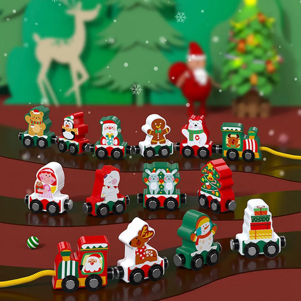 Set of Christmas-themed toy trains on a track with festive background