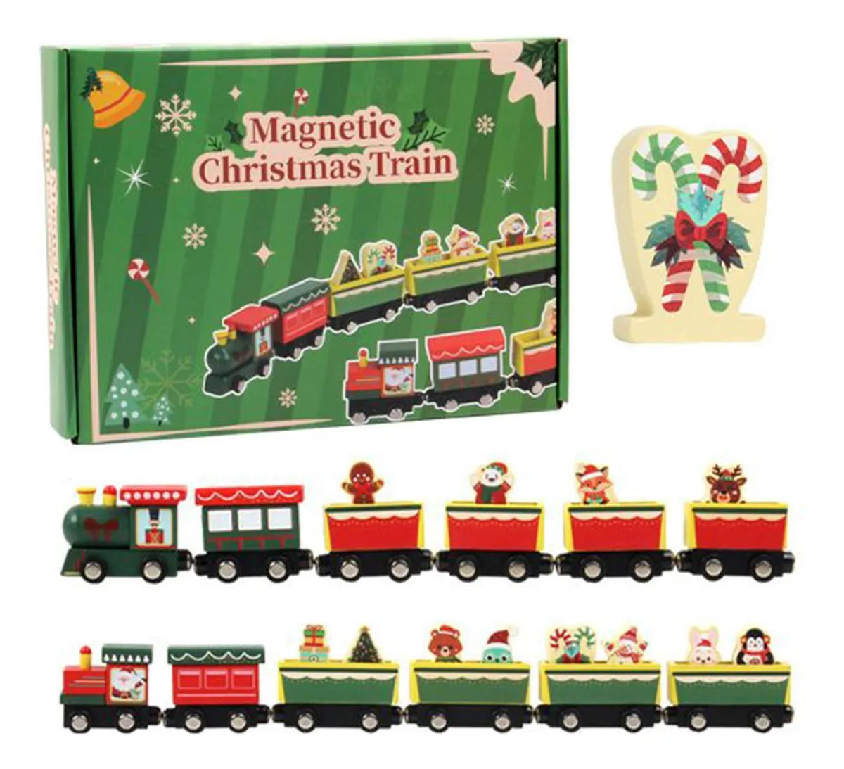 Magnetic Christmas train set with packaging and additional figures on a white background