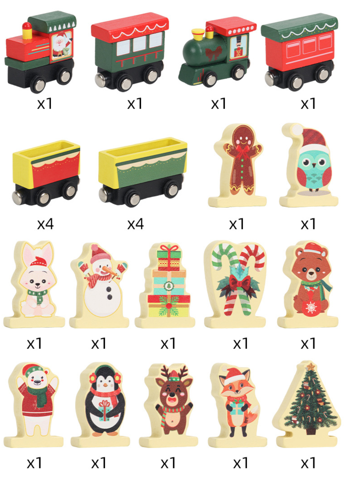 Set of Christmas-themed wooden toys including a train and various characters on a white background.