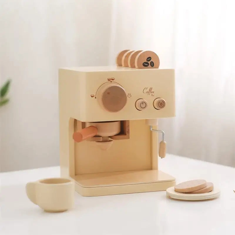 Wooden coffee machine with accessories on a white surface