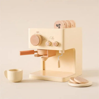 Beige espresso machine with wooden accents on a beige background