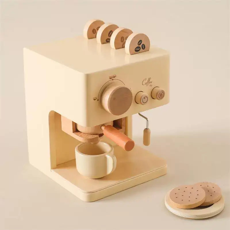 Wooden toy espresso machine with a cup on a light background