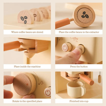 Step-by-step guide on using a coffee machine with wooden components.