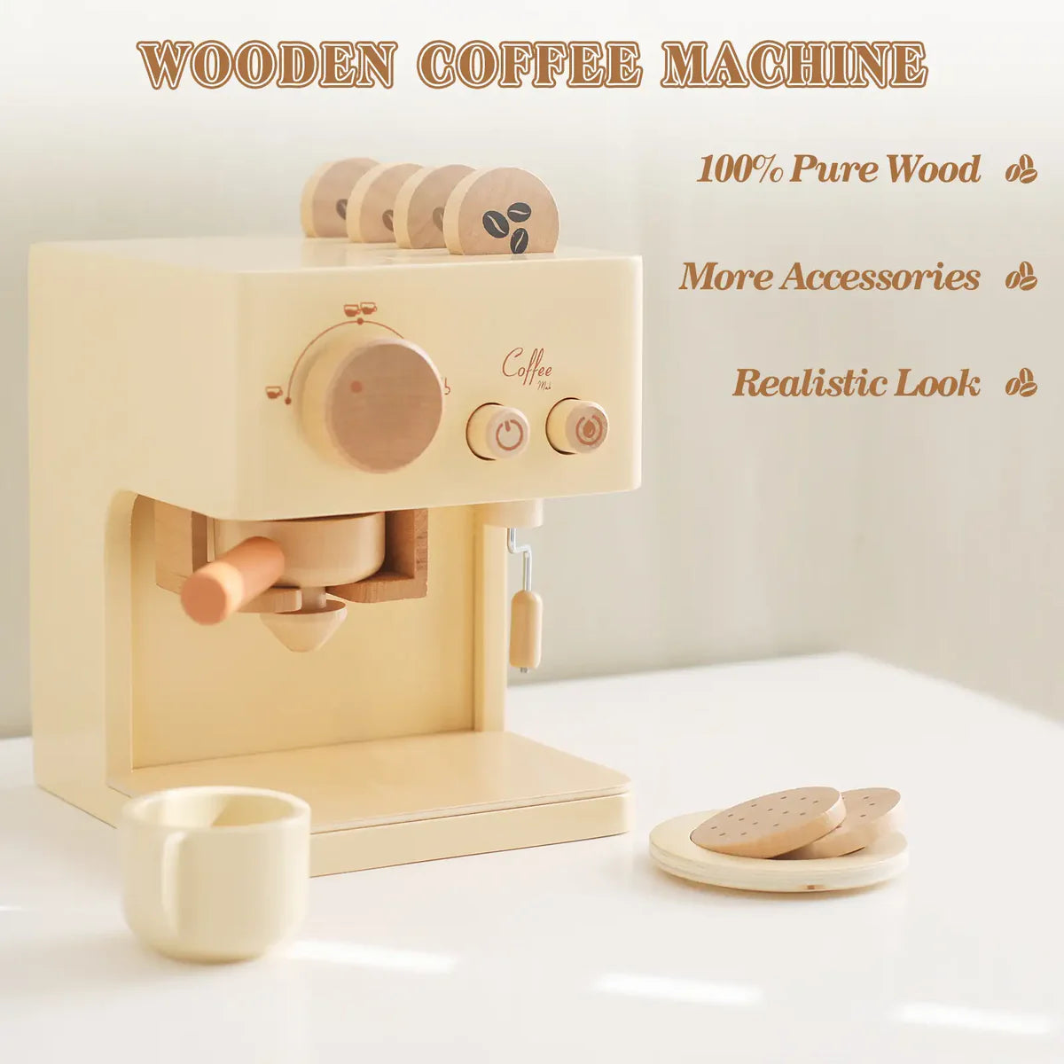 Wooden coffee machine with accessories on a white surface