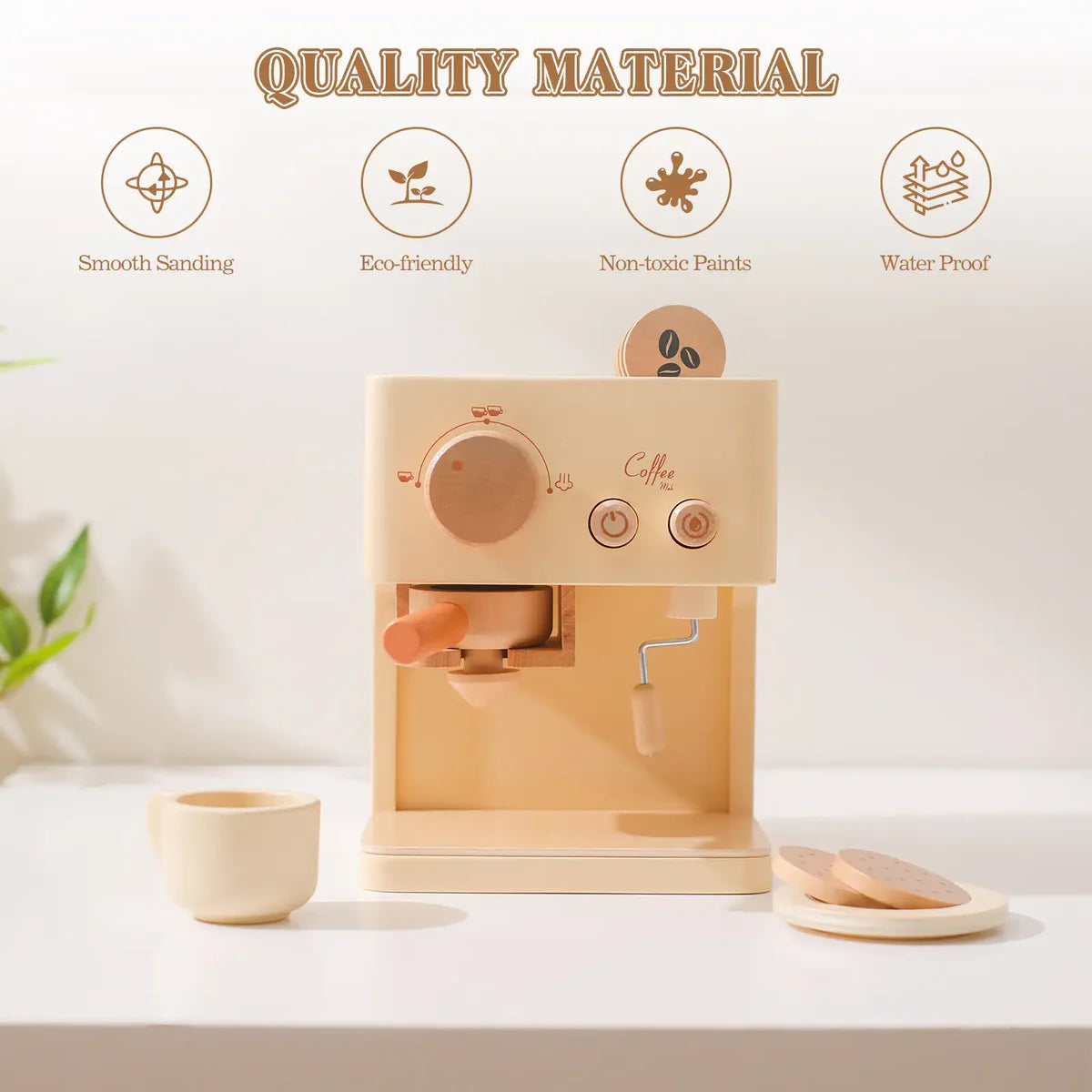 Wooden coffee machine on a white surface with quality material icons above it.