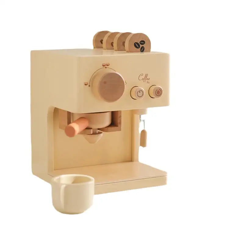 Beige coffee machine with a cup on a white background