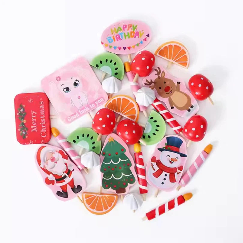 Assorted Christmas-themed stationery items including a snowman, Santa Claus, and Christmas tree on a white background.