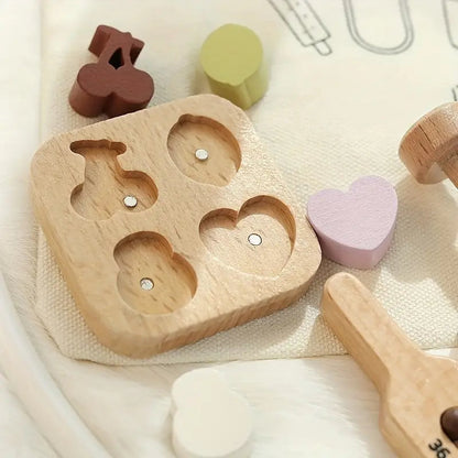 Wooden mold with heart shapes on a light fabric background