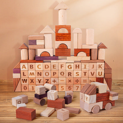 Wooden blocks with letters, numbers, and shapes on a wooden surface