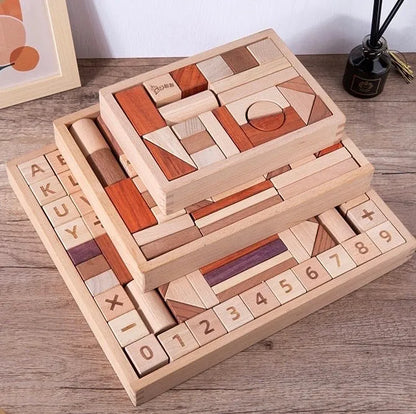 Wooden block set with geometric shapes and numbers on a wooden surface