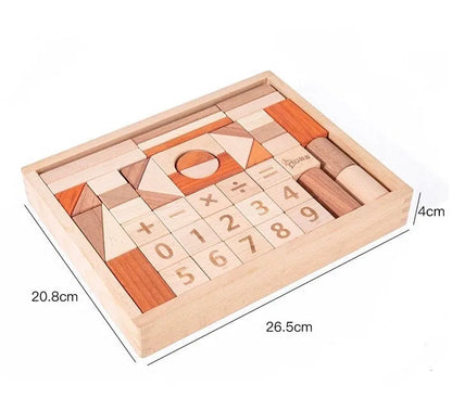 Wooden puzzle with geometric shapes and numbers in a box, showing measurements.