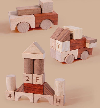 Wooden blocks shaped like a car, house, and letters on a beige background