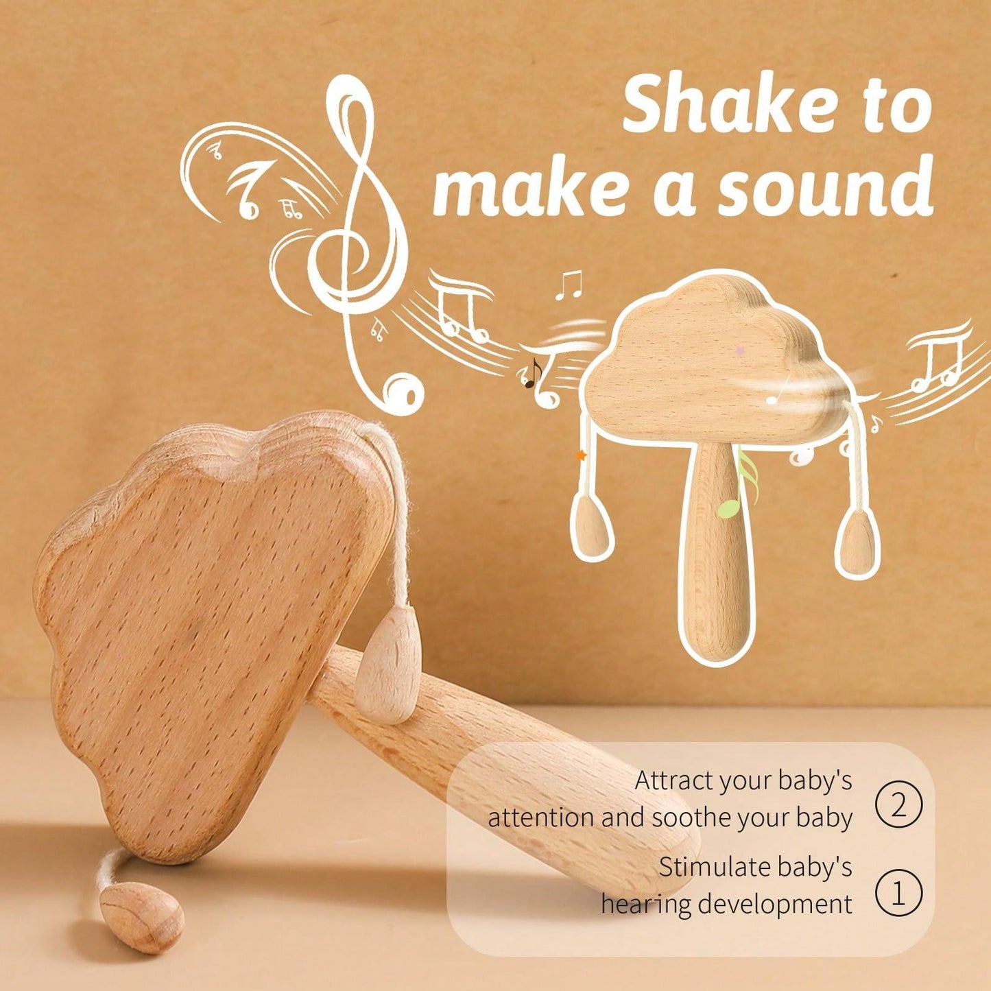 Wooden rattle toy with text on a beige background