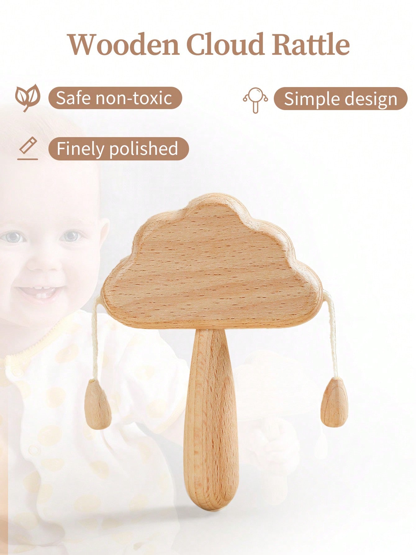 Wooden cloud rattle with safety and design features on a light background