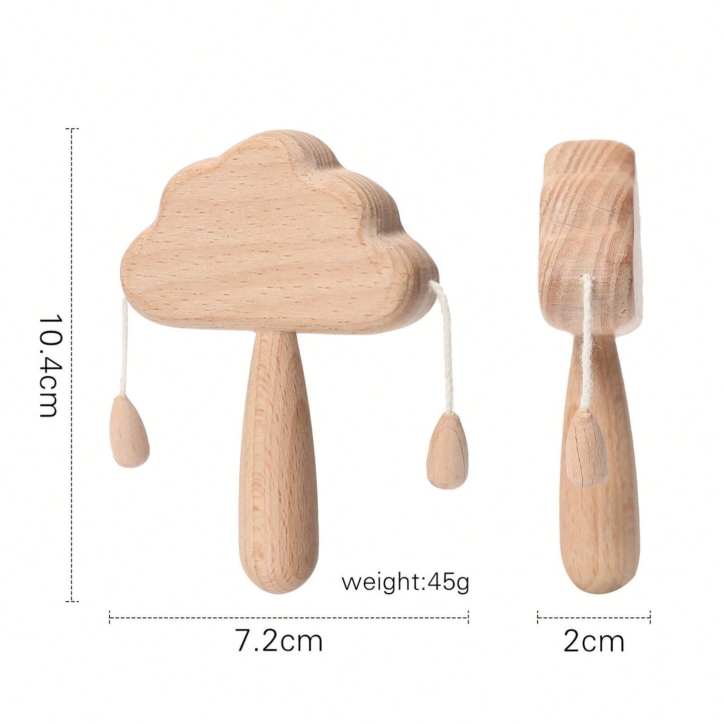 Wooden cloud-shaped toy with measurements and weight details on a white background