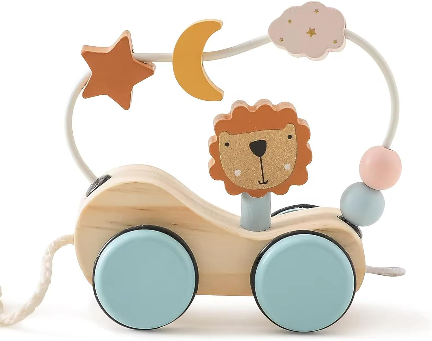 Wooden toy with a lion face, wheels, and colorful beads on a white background