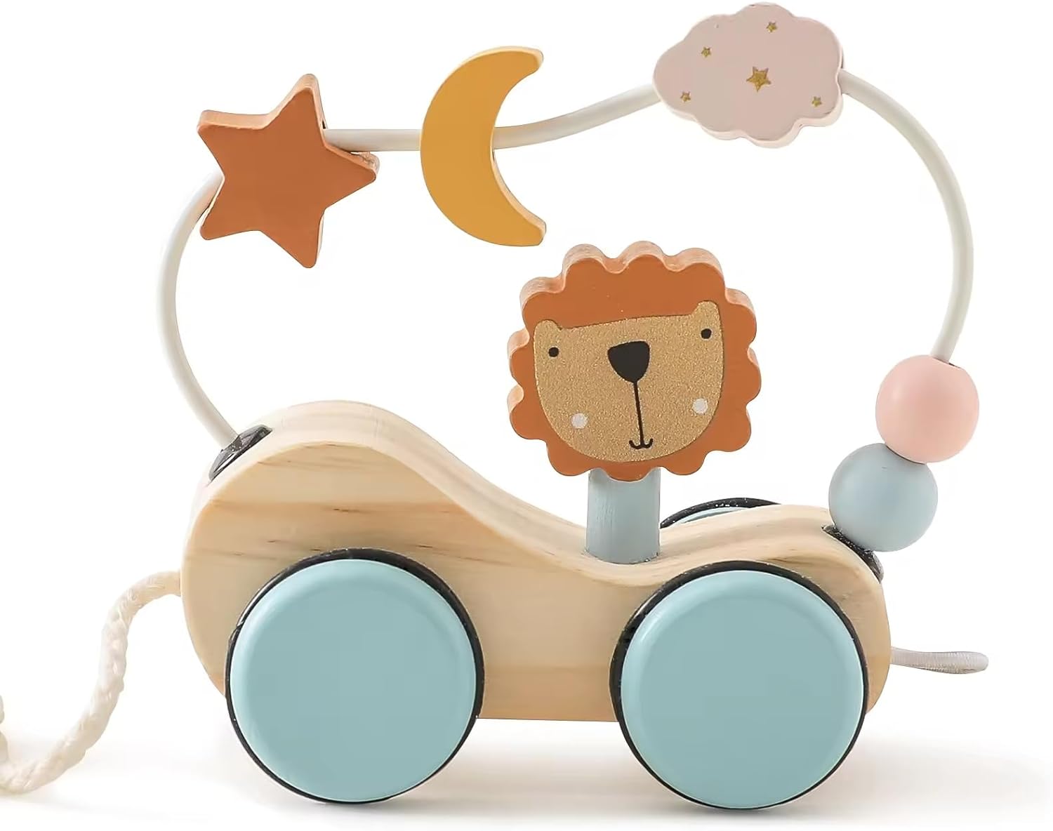 Wooden toy with a lion face, wheels, and colorful beads on a white background