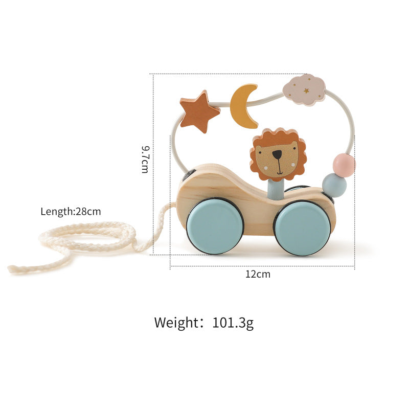 Wooden toy with lion design and measurement details on a white background