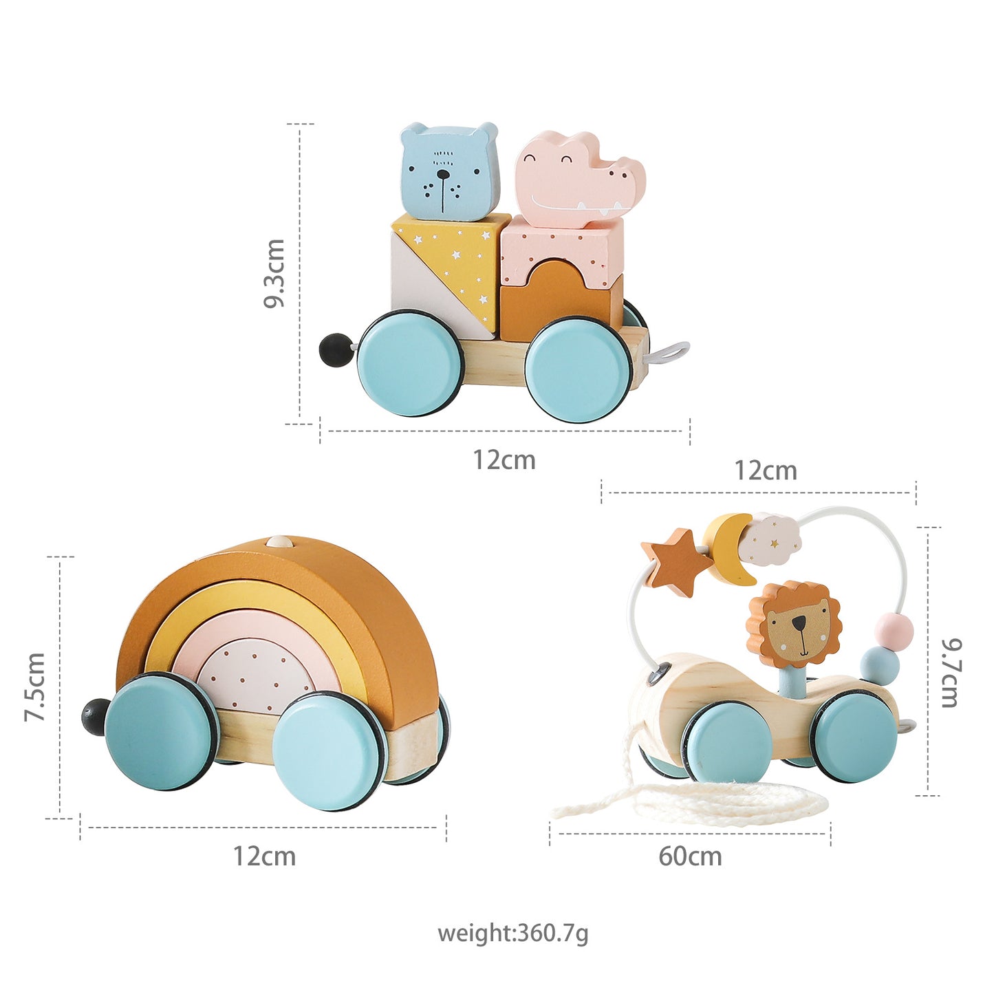 Set of wooden toys with measurements on a white background