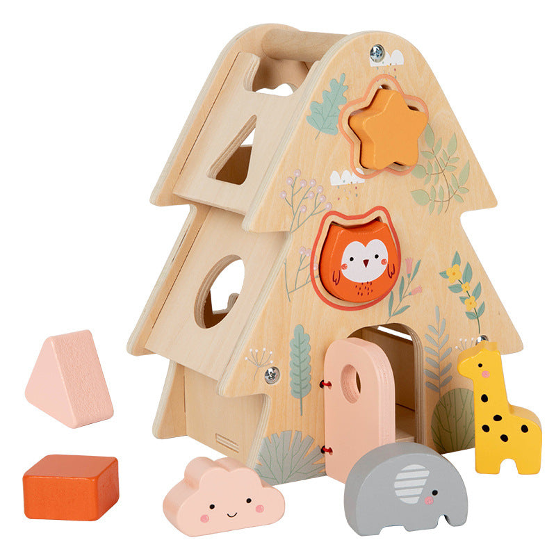 Wooden shape sorter toy with animal figures on a white background