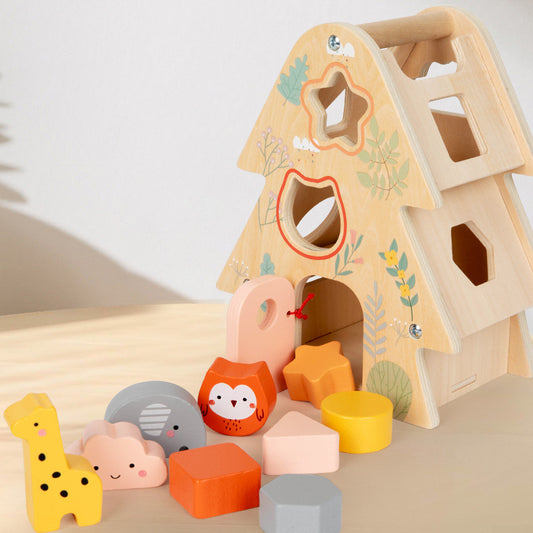 Wooden shape sorter toy with animal faces and colorful blocks on a light surface.