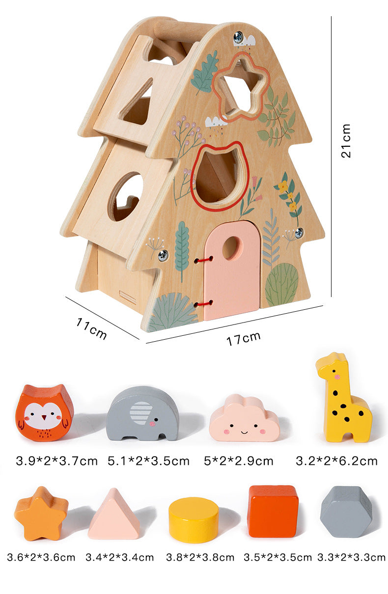Wooden house-shaped toy with animal figures and shape blocks, featuring measurements.