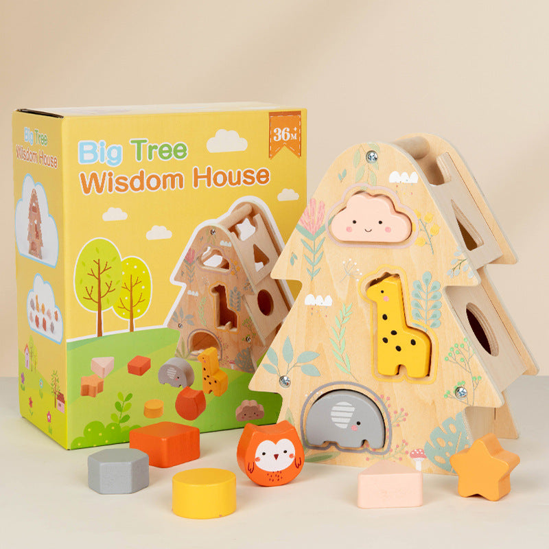 Wooden toy set with 'Big Tree Wisdom House' packaging on a beige background
