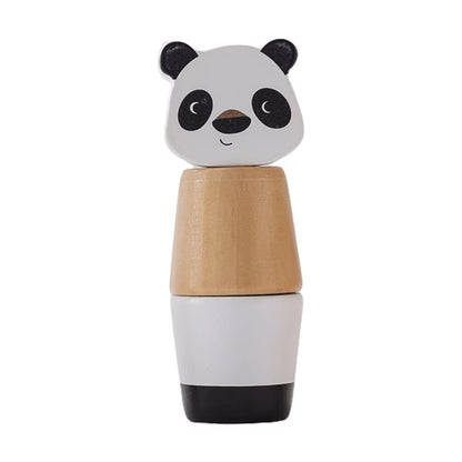 Wooden panda toy with a white face, black ears and eyes, and a brown body on a white background.