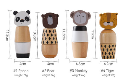 Four wooden toys shaped like a panda, bear, monkey, and tiger with measurements and weights displayed.