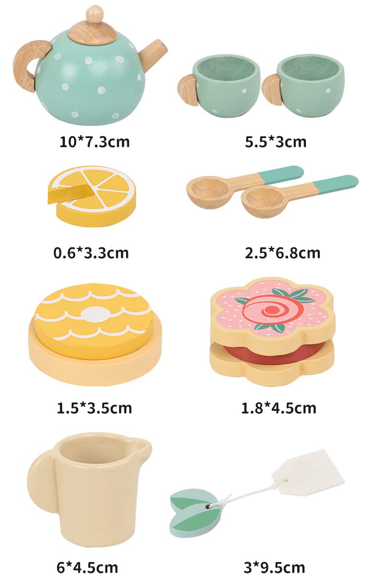 Collection of toy kitchen items with measurements displayed
