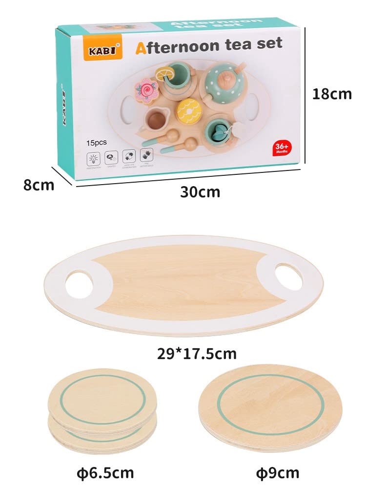 Wooden afternoon tea set with packaging and measurements on a white background