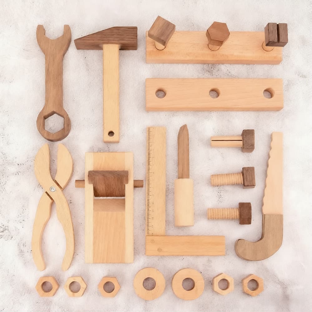Set of wooden tools on a light gray background
