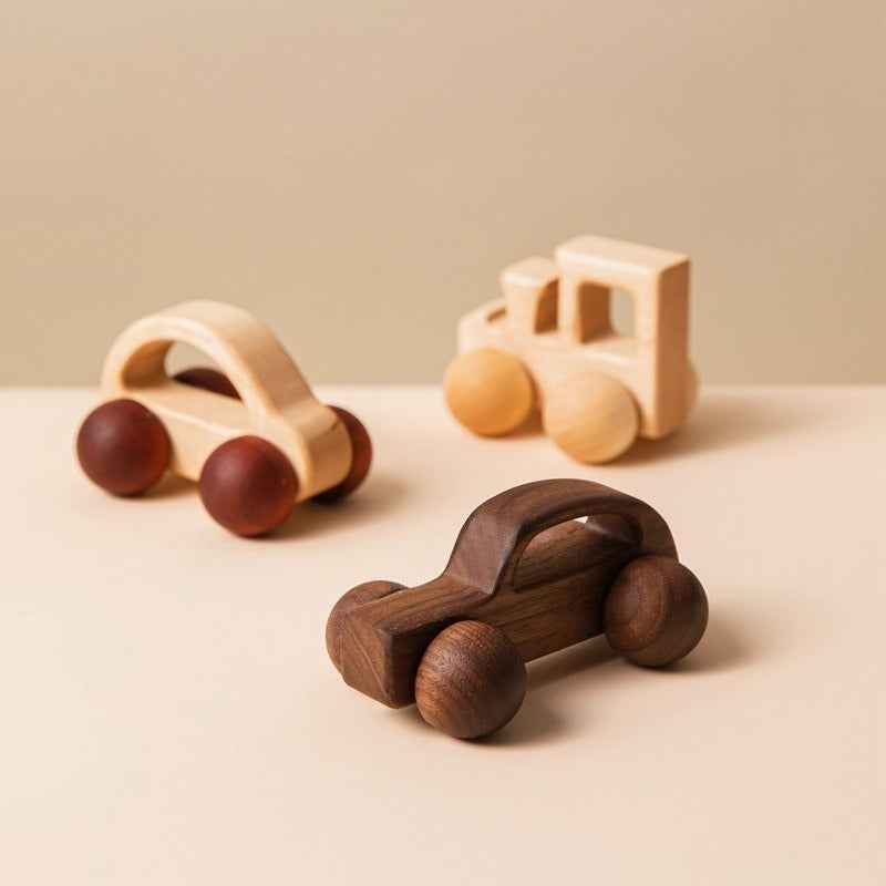 Three wooden toy cars on a beige surface