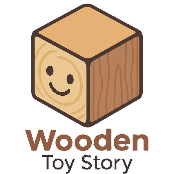 Wooden toy block with a smiley face and 'Wooden Toy Story' text on a white background