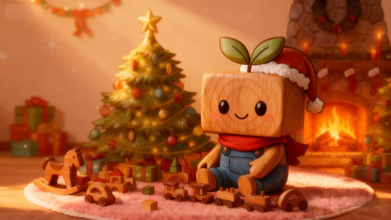 Wooden toy character with a Santa hat in front of a Christmas tree and fireplace.