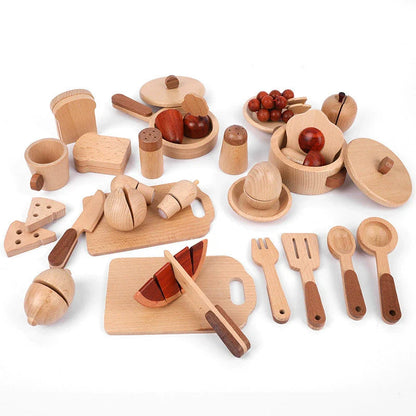 Set of wooden kitchen toys on a white background