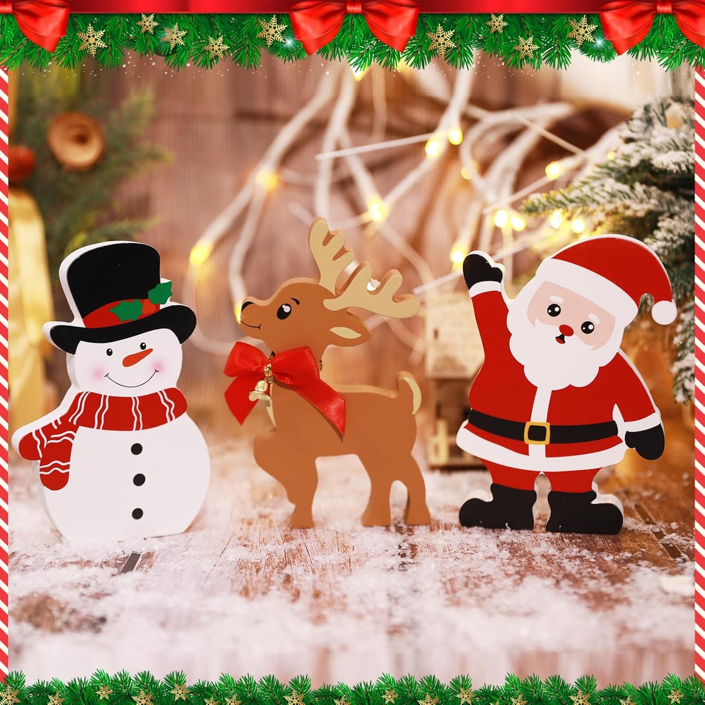 Decorative Christmas scene with a snowman, reindeer, and Santa Claus figure on a wooden surface.