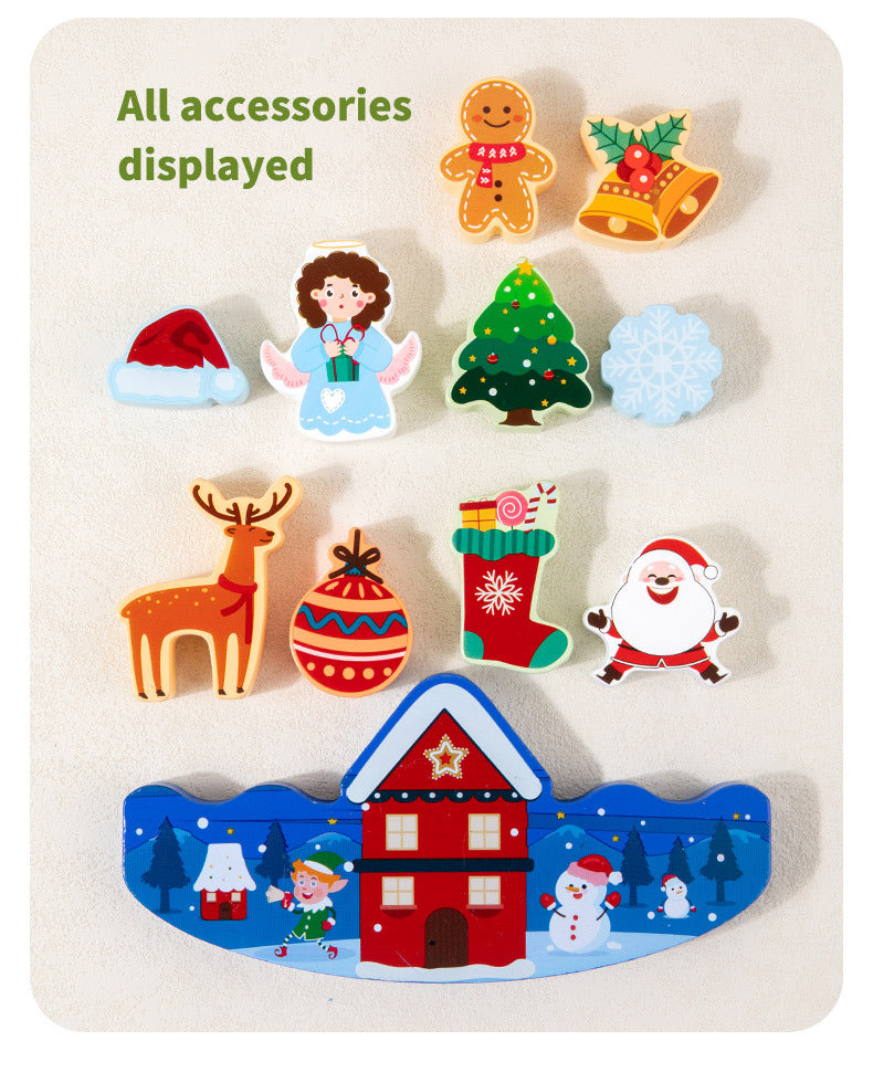 Set of Christmas-themed wooden puzzle pieces on a beige background