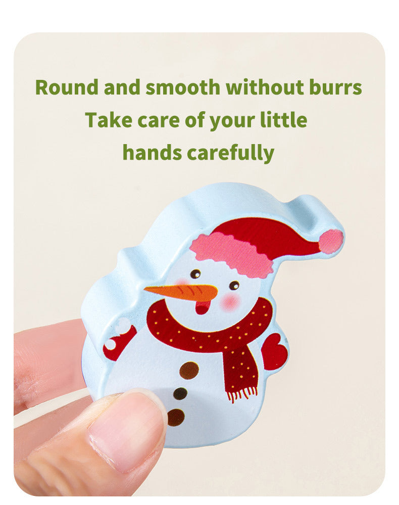 Snowman-shaped product held by a hand with text on a beige background