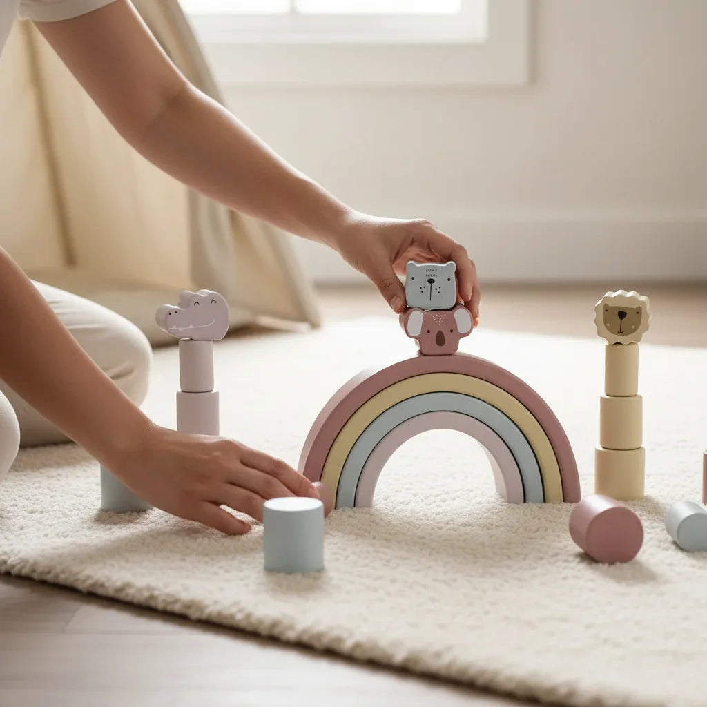 Child playing with colorful wooden toys on a light-colored rug.